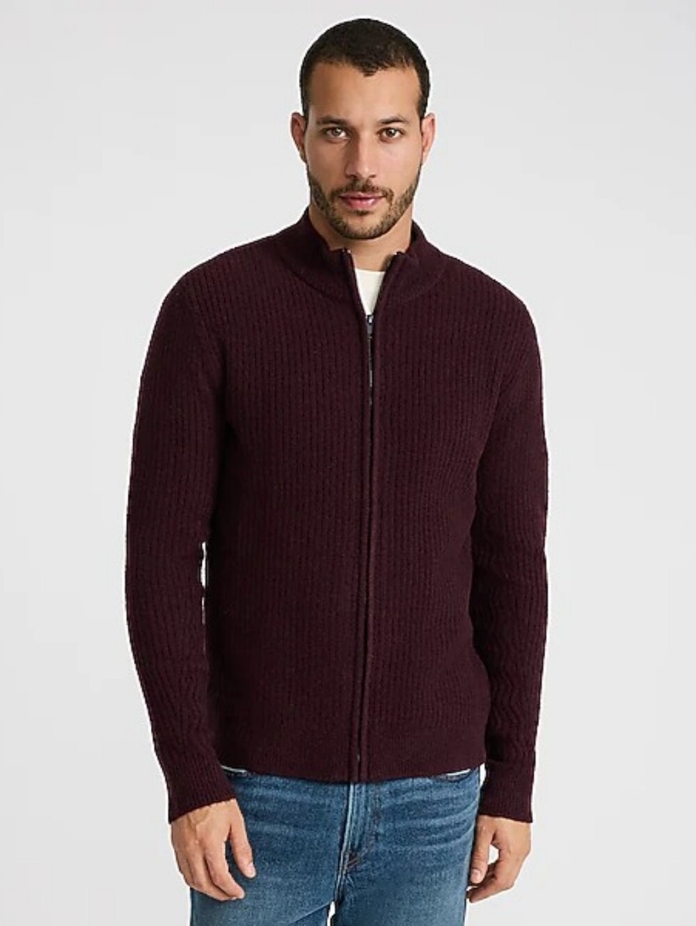 NWT Express Men's Textured Full Zip Up Mock Neck Sweater Merlot Sz M